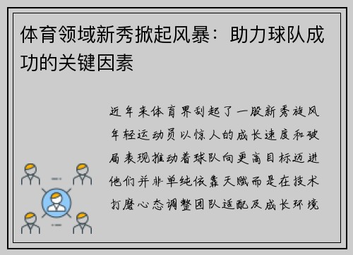 体育领域新秀掀起风暴：助力球队成功的关键因素